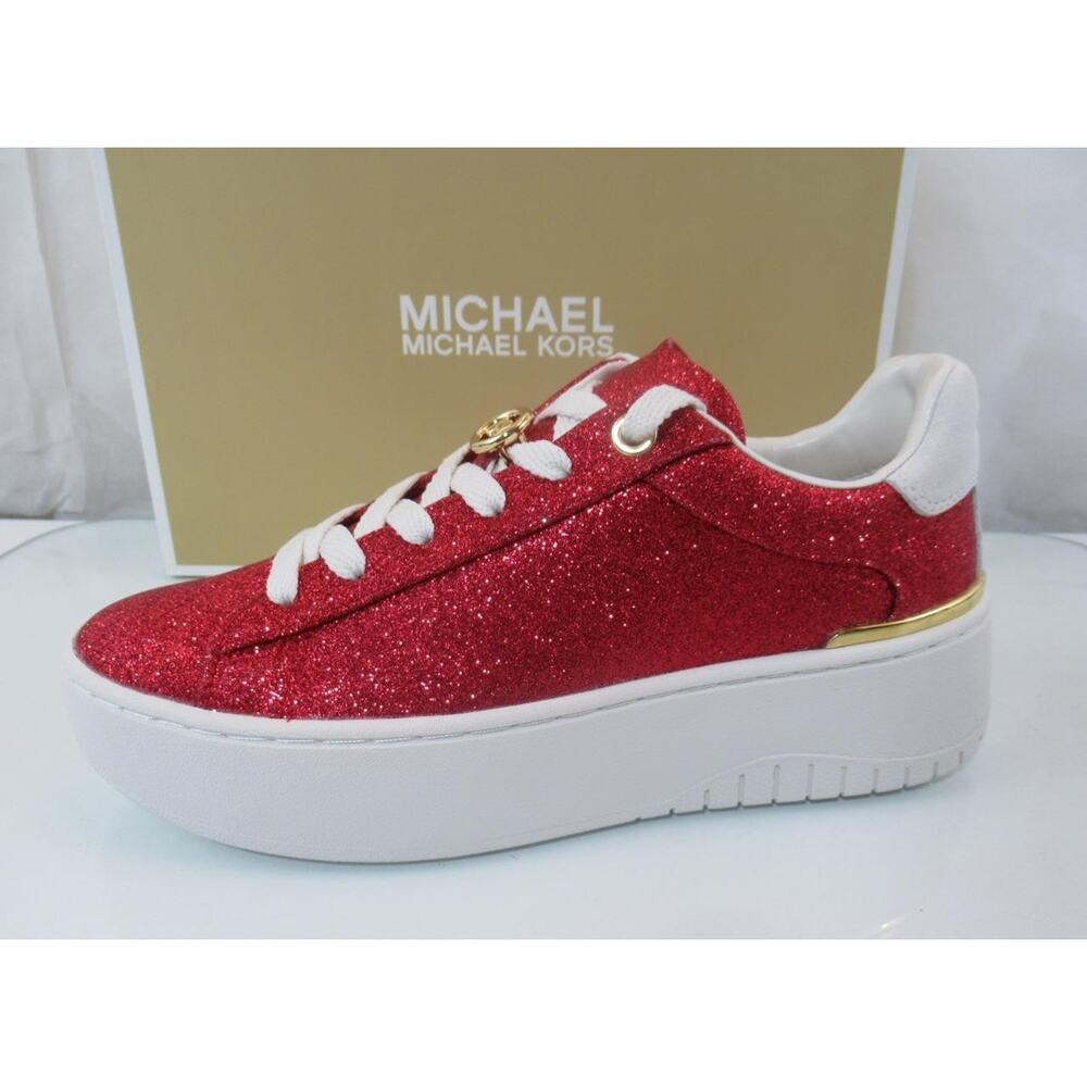 Michael Kors Size 8.5 Dottie Lace Up Platform Sneakers Glitter Leather Red - Picture 2 of 8